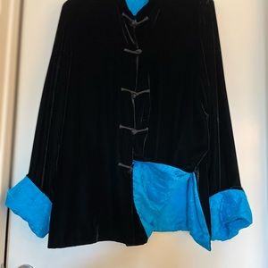 black/turquoise velvet/silk reversible jacket w/frog closure from Hong Kong